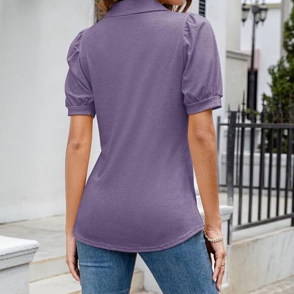 Womens Polo Shirts Button Down Collared Short Sleeve Tops V Neck  Blouses L. - Picture 5 of 9